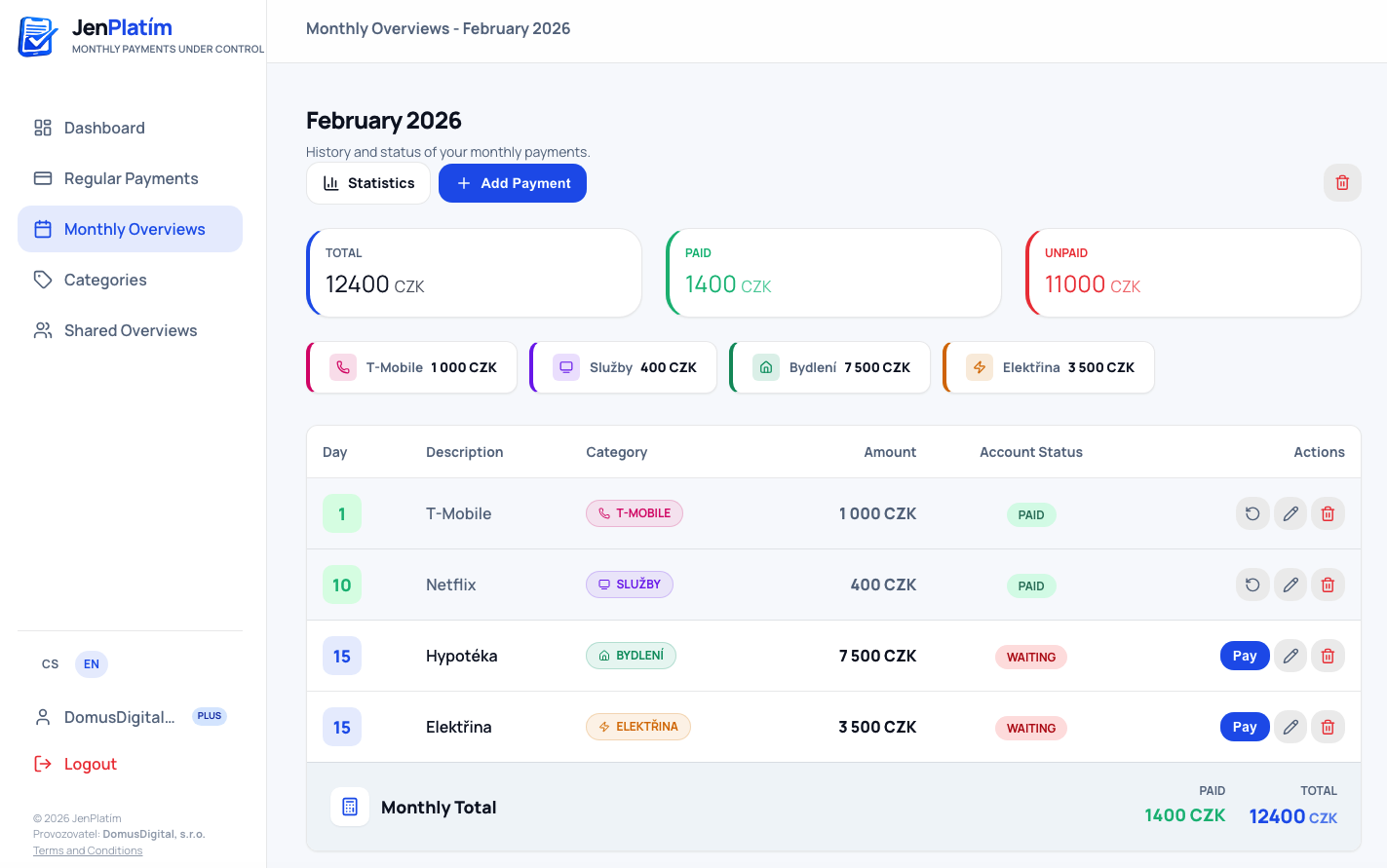 JenPlatím - Měsíční přehled plateb